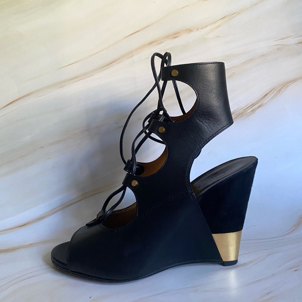 Chloe Black Leather Lace-Up Wedges